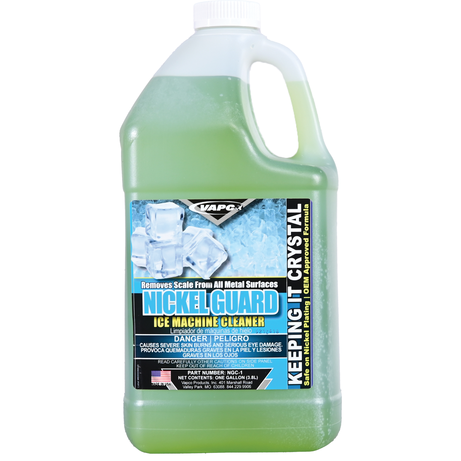 A one-gallon container of NICKEL GUARD, a non-foaming cleaner for removing limescale from stainless steel and nickel-plated surfaces