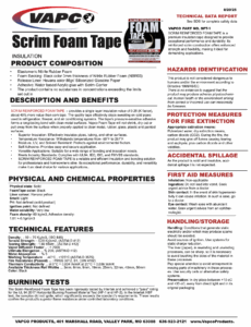 Technical data report for scrim foam tape, showing product specifications and performance data.