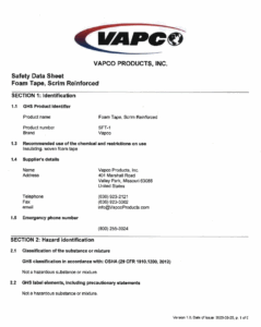 Scrim foam tape safety data sheet (SDS) detailing handling, storage, and safety information.