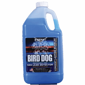 A gallon container of BIRD DOG Leak Detector, a highly sensitive, long-lasting solution for pinpointing small leaks.