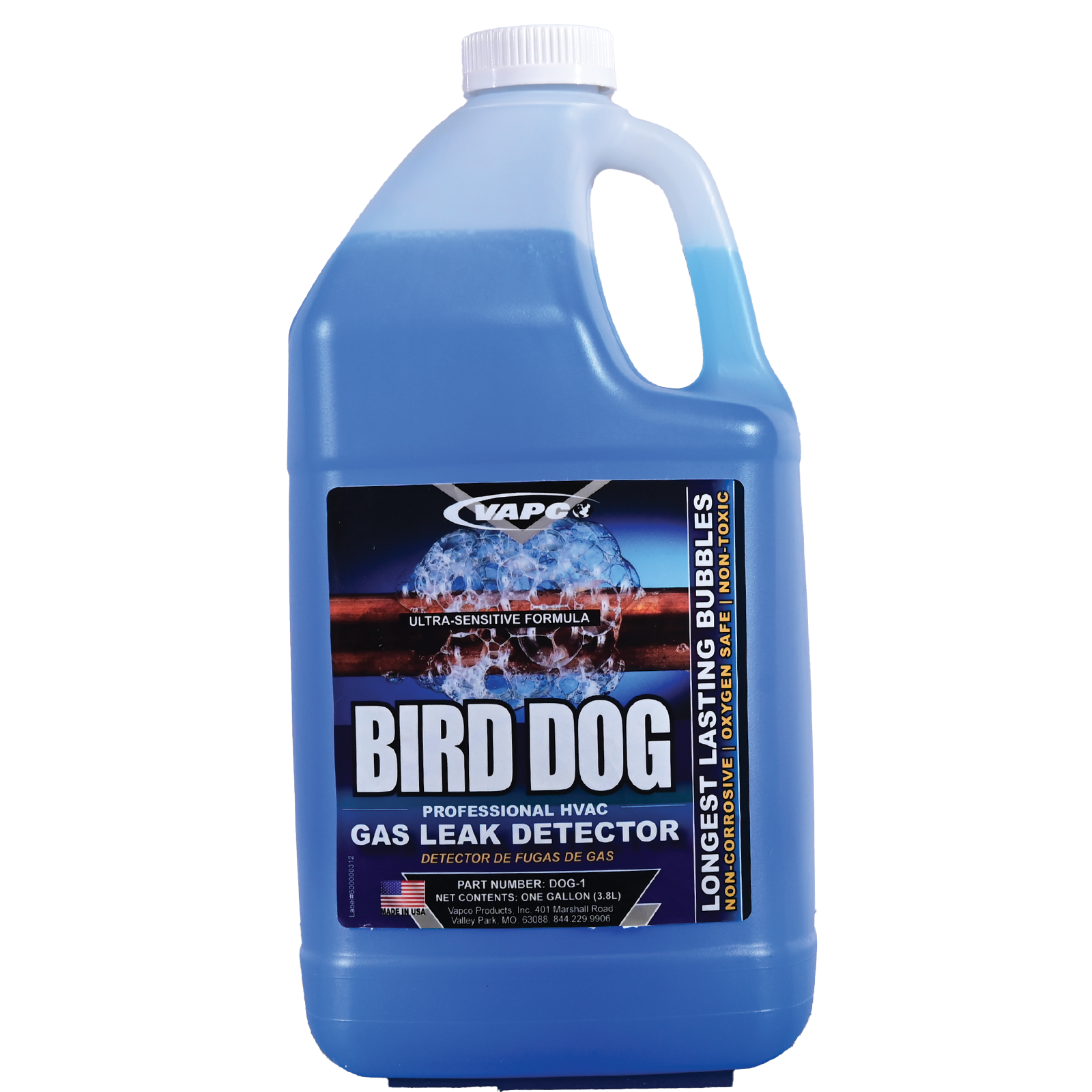 A gallon container of BIRD DOG Leak Detector, a highly sensitive, long-lasting solution for pinpointing small leaks.