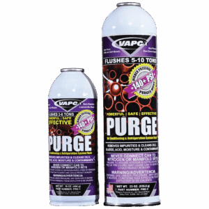Cans of PURGE LINE SET FLUSH, a powerful, non-flammable solvent for cleaning HVAC and refrigeration line sets