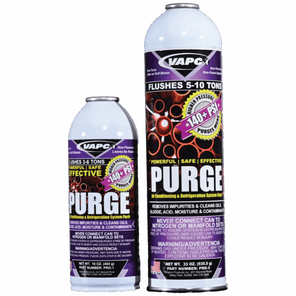Cans of PURGE LINE SET FLUSH, a powerful, non-flammable solvent for cleaning HVAC and refrigeration line sets