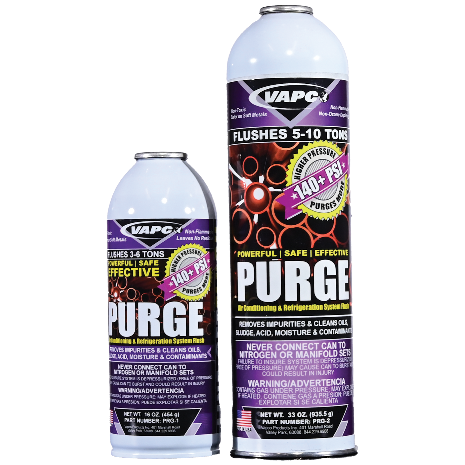 Cans of PURGE LINE SET FLUSH, a powerful, non-flammable solvent for cleaning HVAC and refrigeration line sets
