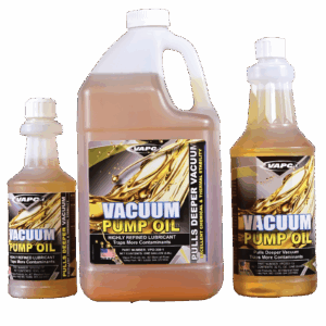 A gallon container of VACUUM PUMP OIL, a high-performance, multi-viscosity lubricant for vacuum pumps