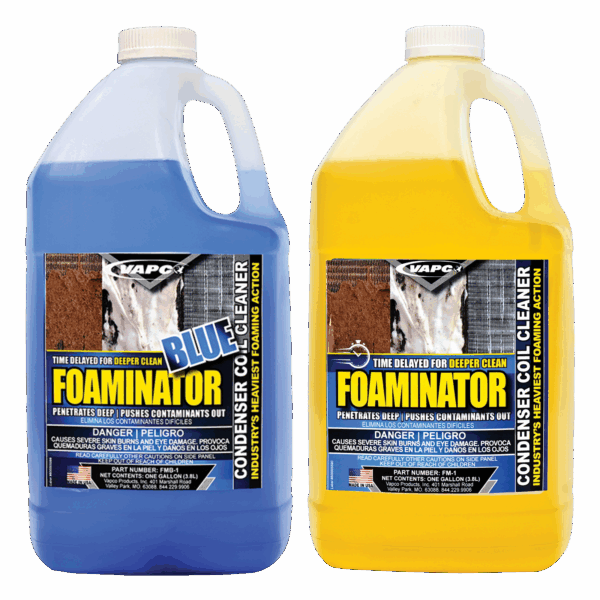 Foaminator gallon liquid non-acid coil cleaner for HVAC condenser coils comes in both blue and yellow.