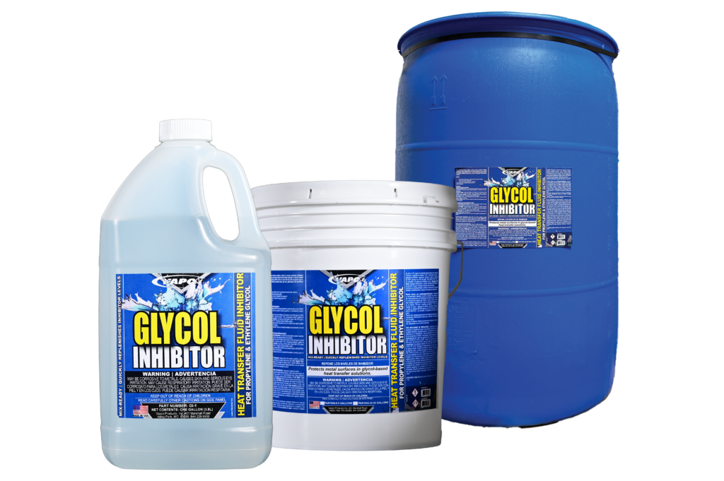 A container of Glycol Inhibitor, a specialized fluid to protect glycol-based hydronic systems from corrosion.