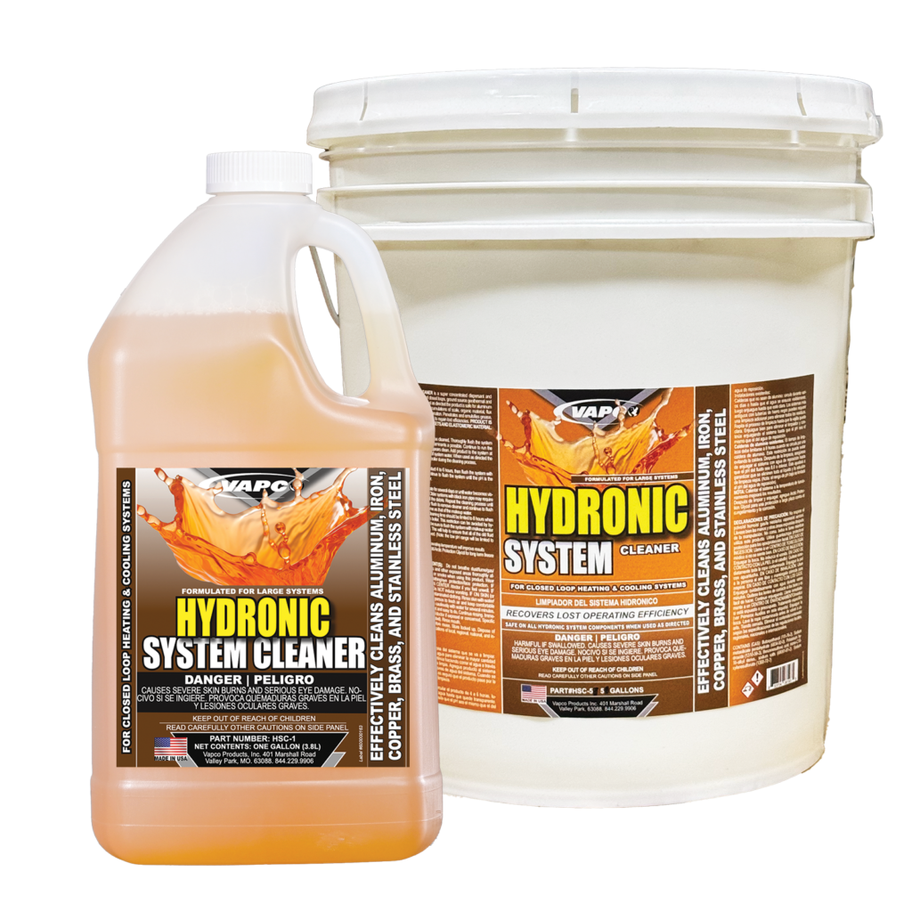 A gallon jug of Hydronic System Cleaner, a concentrated formula for cleaning closed-loop systems. Cleaning a Glycol Hydronic System