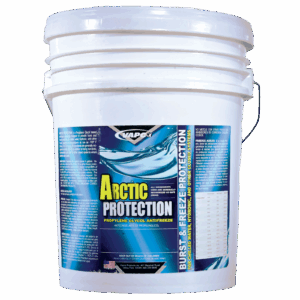 A 5-gallon container of ARCTIC PROTECTION, a premium propylene glycol-based antifreeze for closed-loop systems.