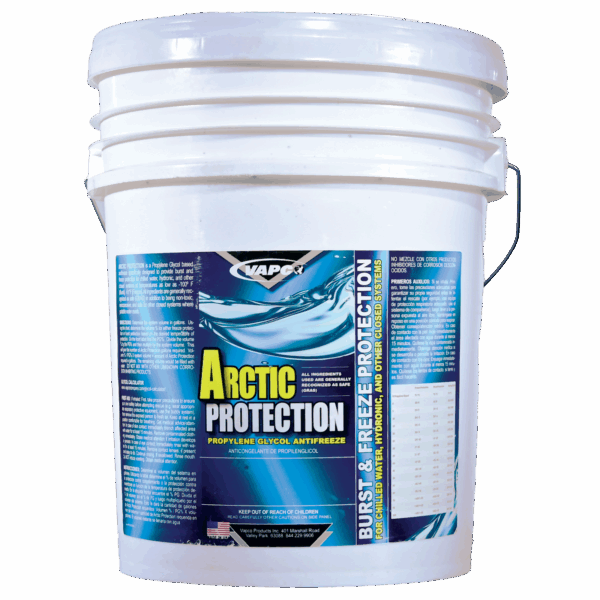 A 5-gallon container of ARCTIC PROTECTION, a premium propylene glycol-based antifreeze for closed-loop systems.