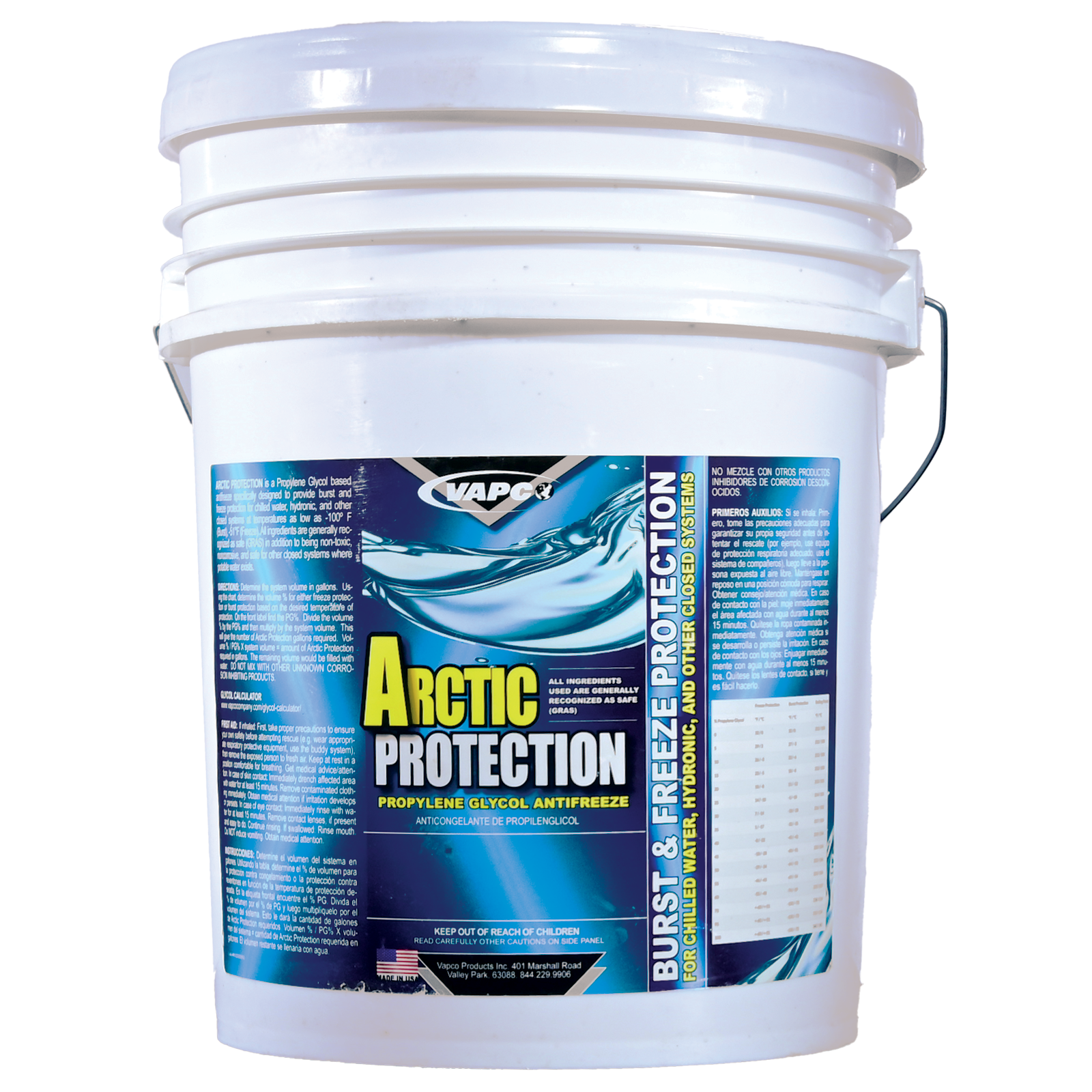 A 5-gallon container of ARCTIC PROTECTION, a premium propylene glycol-based antifreeze for closed-loop systems.