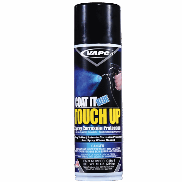 An aerosol can of Coat It Blue Touch Up, a 10-ounce spray for repairing corrosion protection coatings on HVAC equipment.
