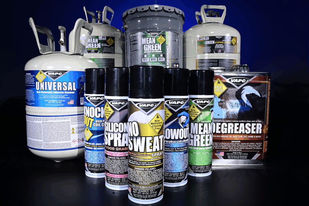 Vapco products showing "Methylene Chloride Free" and "TCE FREE" badges, ensuring compliance with new EPA regulations affecting HVAC professionals.
