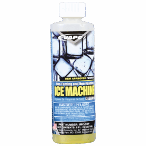A half-pint container of ICE MACHINE CLEANER, a non-foaming solution for removing limescale and restoring ice quality