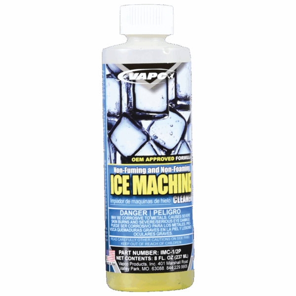 A half-pint container of ICE MACHINE CLEANER, a non-foaming solution for removing limescale and restoring ice quality