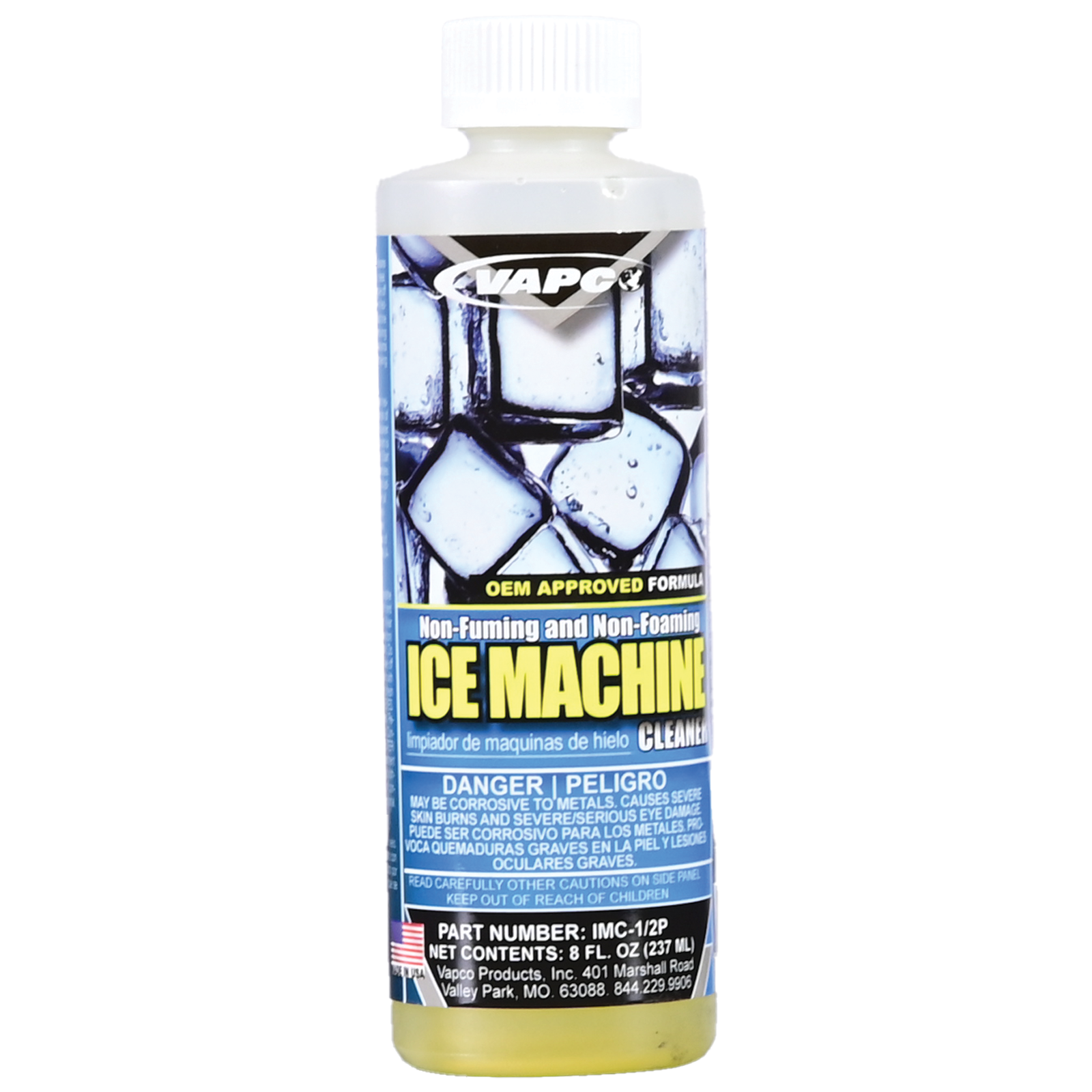 A half-pint container of ICE MACHINE CLEANER, a non-foaming solution for removing limescale and restoring ice quality