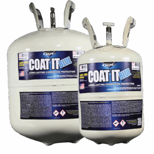 A large and small cylinder of Coat It Blue, a 10-pound and 30-pound container of water-based HVAC corrosion protection coating.