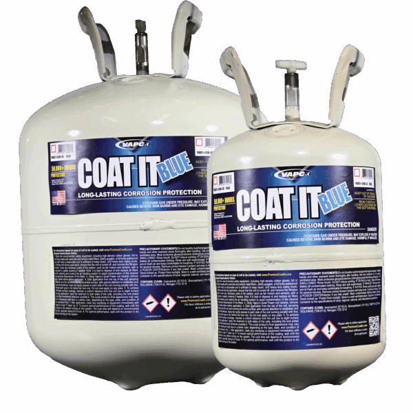 A large and small cylinder of Coat It Blue, a 10-pound and 30-pound container of water-based HVAC corrosion protection coating.