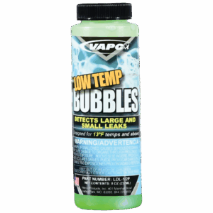 An 8 oz bottle of LOW TEMP BUBBLES, an all-temperature leak detection solution for HVAC systems