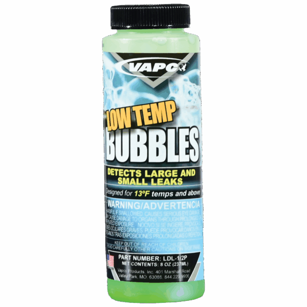 An 8 oz bottle of LOW TEMP BUBBLES, an all-temperature leak detection solution for HVAC systems