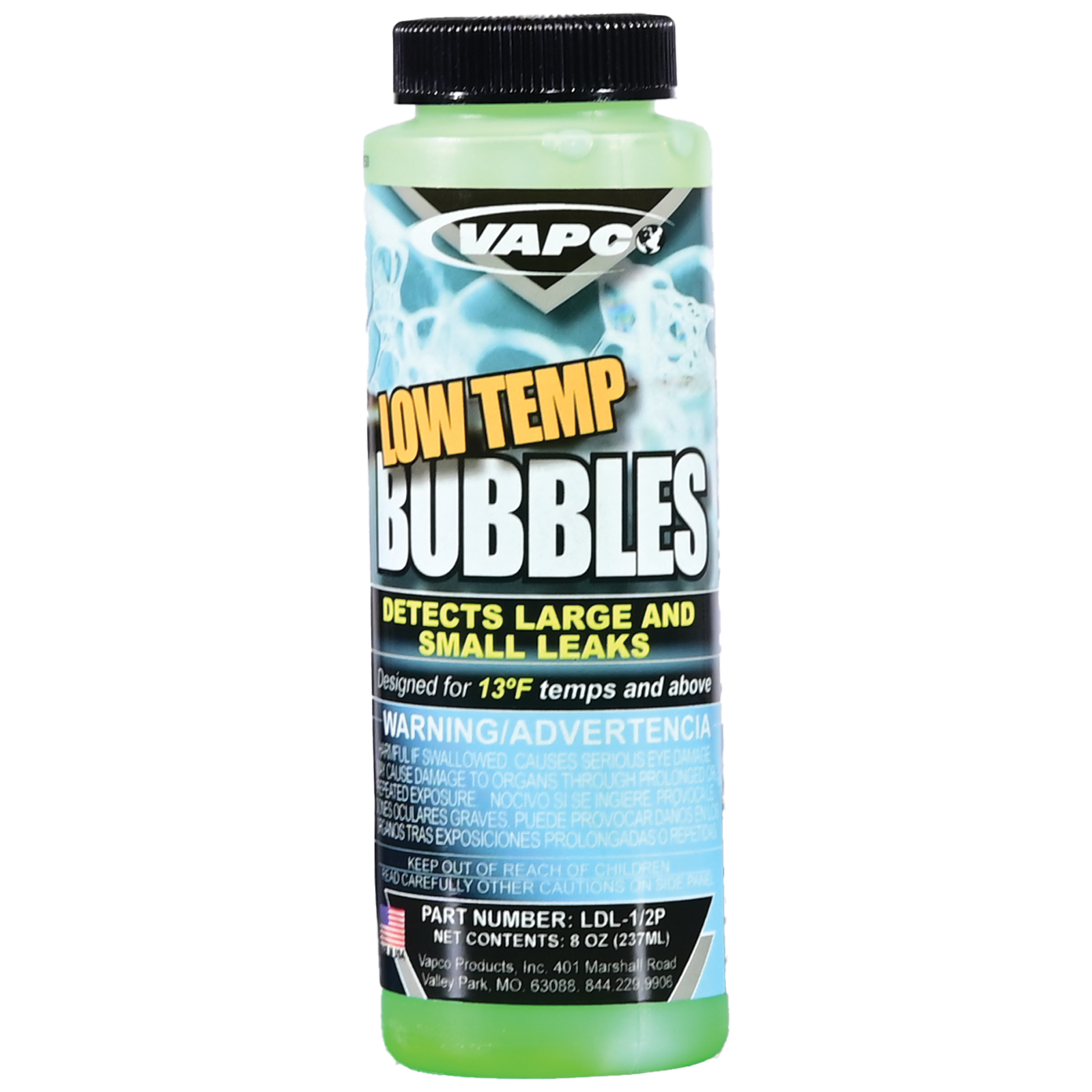 An 8 oz bottle of LOW TEMP BUBBLES, an all-temperature leak detection solution for HVAC systems