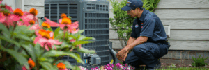 HVAC technician inspecting an air conditioning condenser unit outside a home.