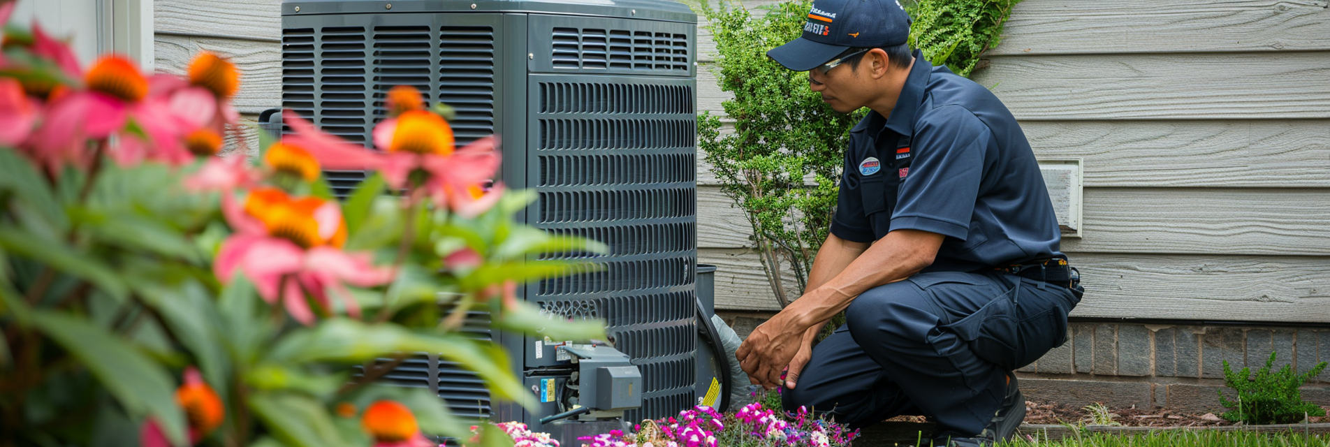 HVAC technician inspecting an air conditioning condenser unit outside a home.