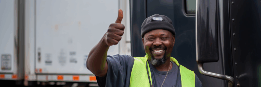 A dockworker with a thumbs-up gesture in front of a delivery truck, symbolizing the success and reliability of the Vapco Free Freight Program.