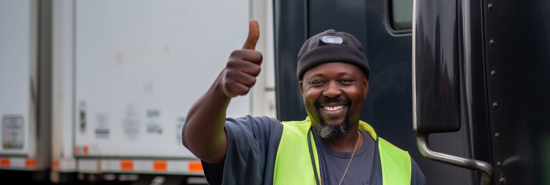 A dockworker with a thumbs-up gesture in front of a delivery truck, symbolizing the success and reliability of the Vapco Free Freight Program.