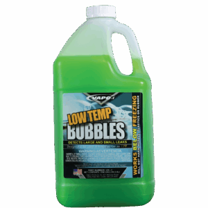 A gallon container of LOW TEMP BUBBLES, a leak detection solution designed for use in both hot and cold temperatures.