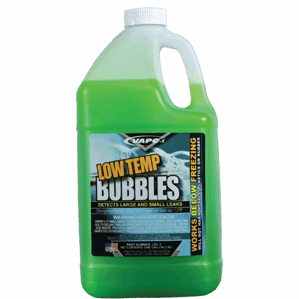 A gallon container of LOW TEMP BUBBLES, a leak detection solution designed for use in both hot and cold temperatures.