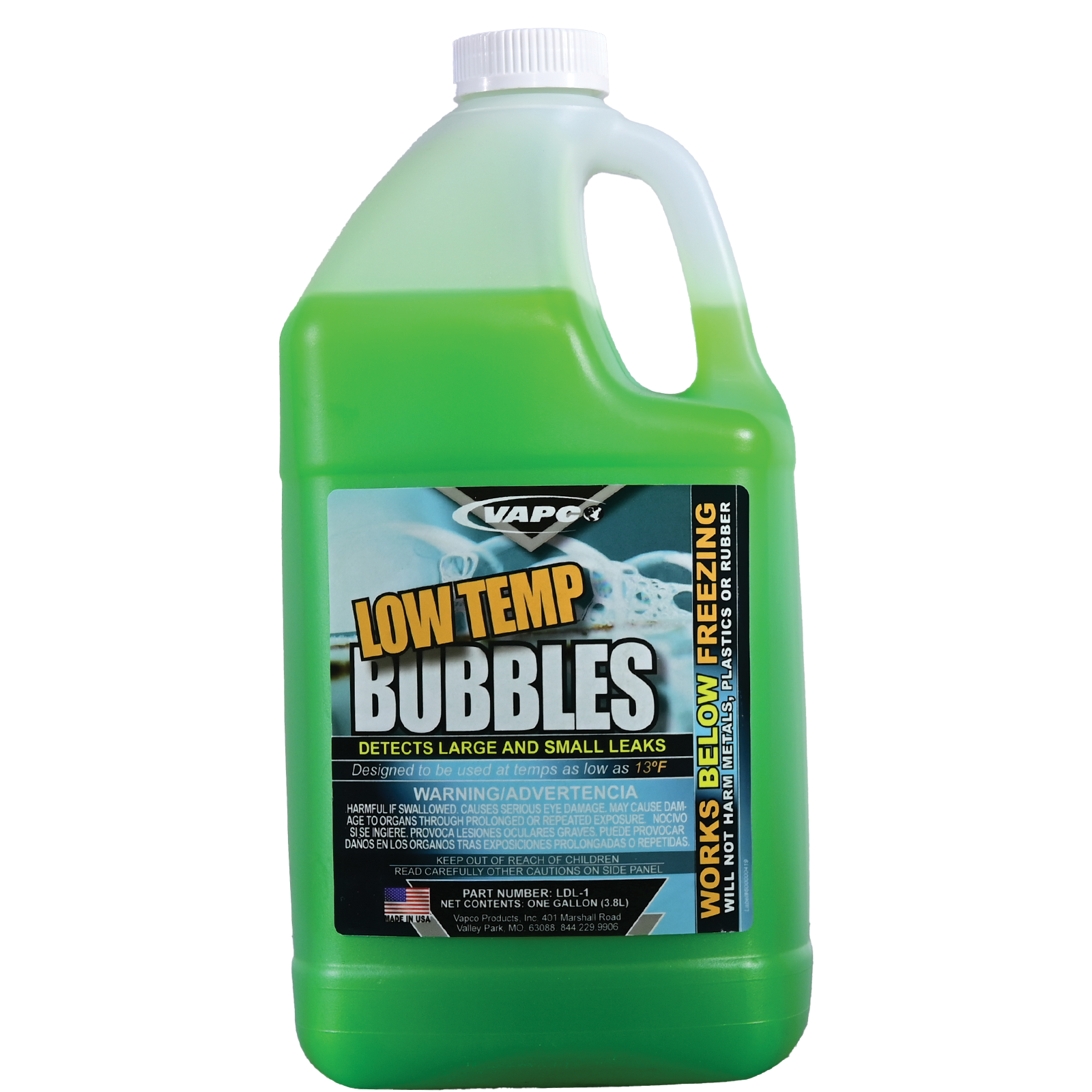 A gallon container of LOW TEMP BUBBLES, a leak detection solution designed for use in both hot and cold temperatures.