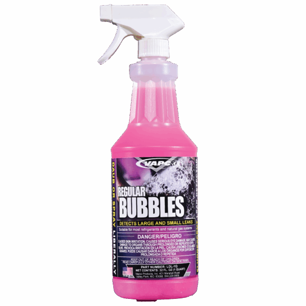 A quart bottle of REGULAR BUBBLES, a reliable leak detection solution for use in temperatures above 32°F.