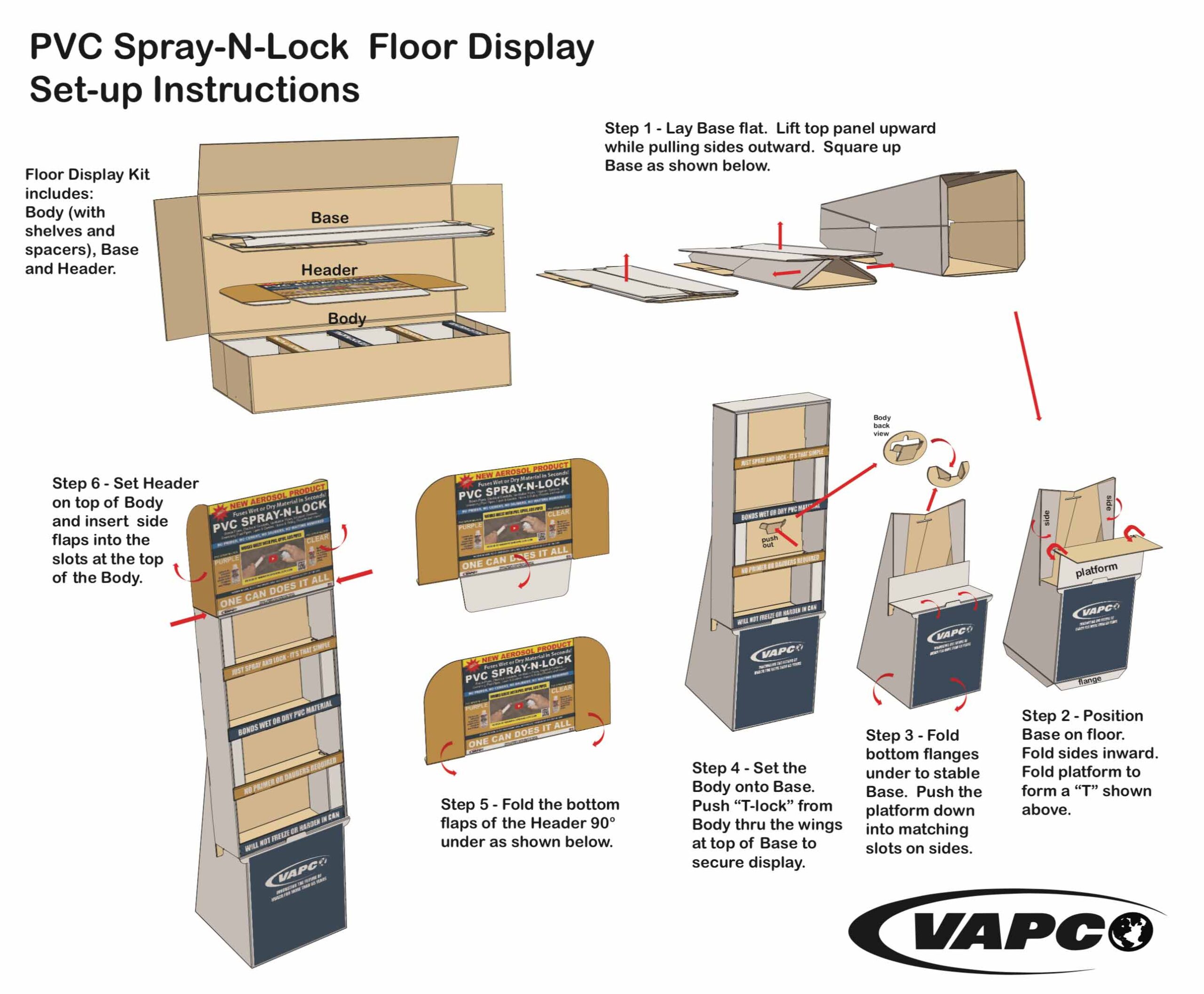 Stand-up display instructions of PVC Spray 'N Lock adhesive cans in both clear and purple options