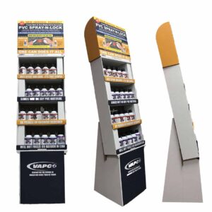 Stand-up display of PVC Spray 'N Lock adhesive cans in both clear and purple options