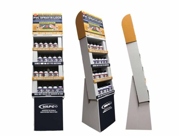 Stand-up display of PVC Spray 'N Lock adhesive cans in both clear and purple options