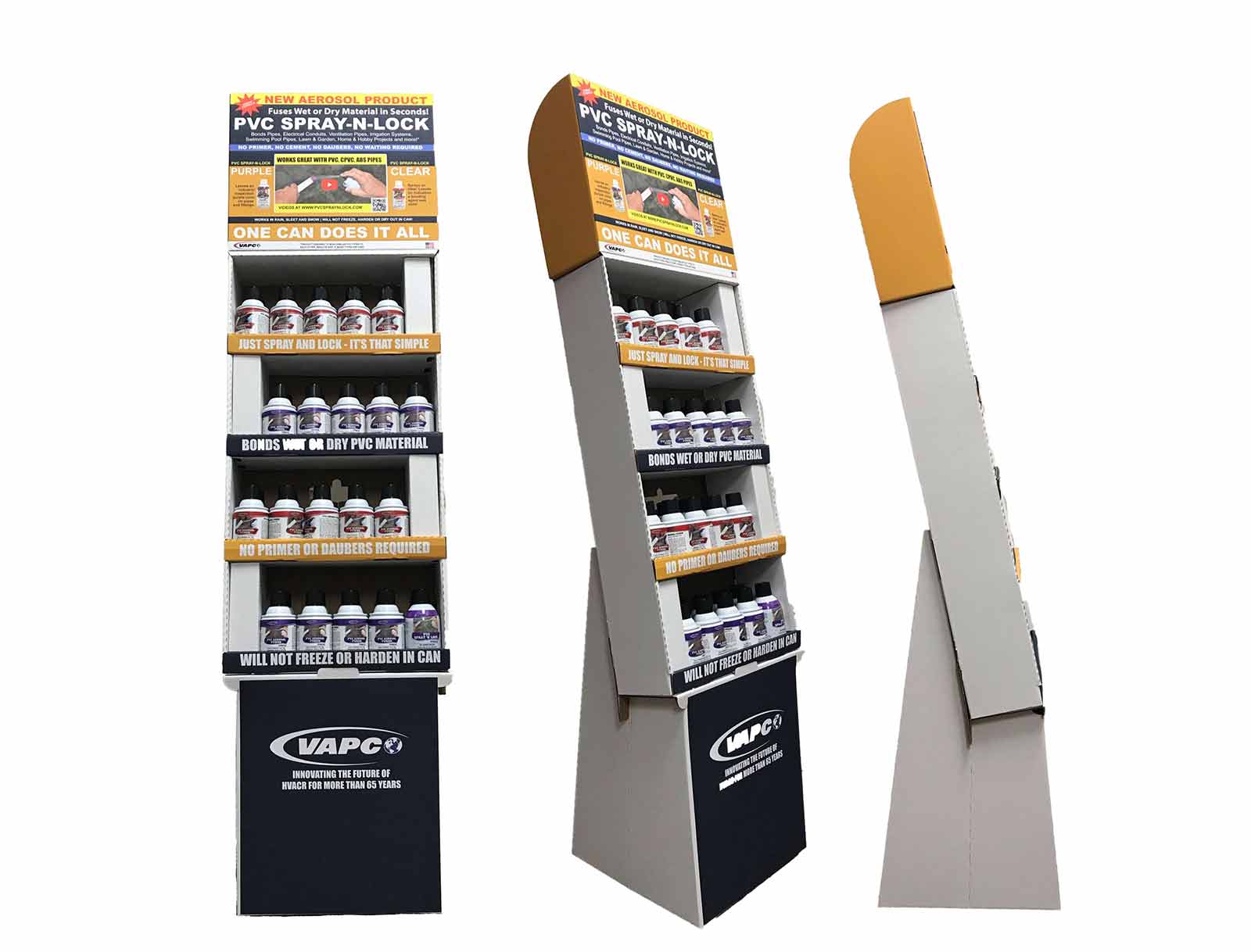 Stand-up display of PVC Spray 'N Lock adhesive cans in both clear and purple options
