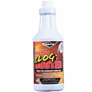 A bottle of Drain Clog Buster Liquid, a clear, non-fuming solution for clearing AC condensate and other drain lines.