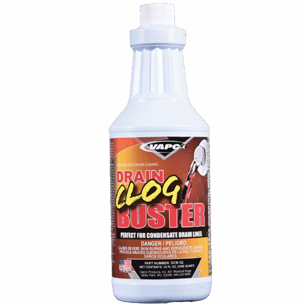 A bottle of Drain Clog Buster Liquid, a clear, non-fuming solution for clearing AC condensate and other drain lines.