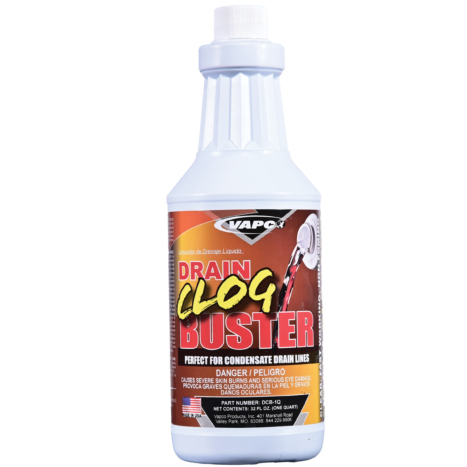 A bottle of Drain Clog Buster Liquid, a clear, non-fuming solution for clearing AC condensate and other drain lines.