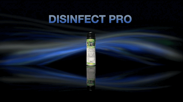 A GIF showing a bottle of Disinfect Pro moving forward, with text appearing to highlight its key features and benefits for HVAC and facility disinfection.
