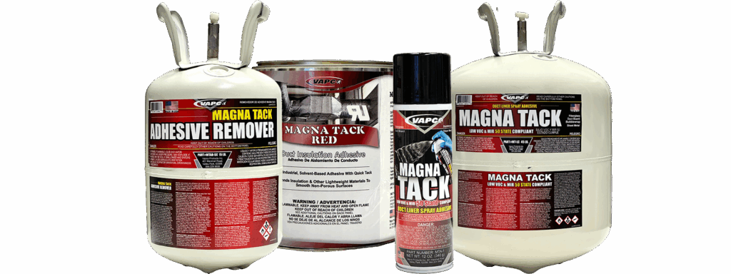 An image showing the complete line of Magna Tack HVAC insulation adhesives, including an aerosol can, a cylinder, a bulk container, and a bottle of Magna Tack Adhesive Remover.