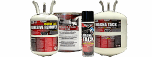 An image showing the complete line of Magna Tack HVAC insulation adhesives, including an aerosol can, a cylinder, a bulk container, and a bottle of Magna Tack Adhesive Remover.
