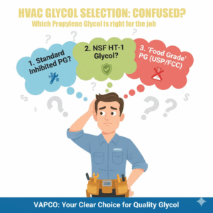 Cartoon HVAC contractor confused about choosing the right propylene glycol: Standard, NSF HT-1, or Food Grade PG.