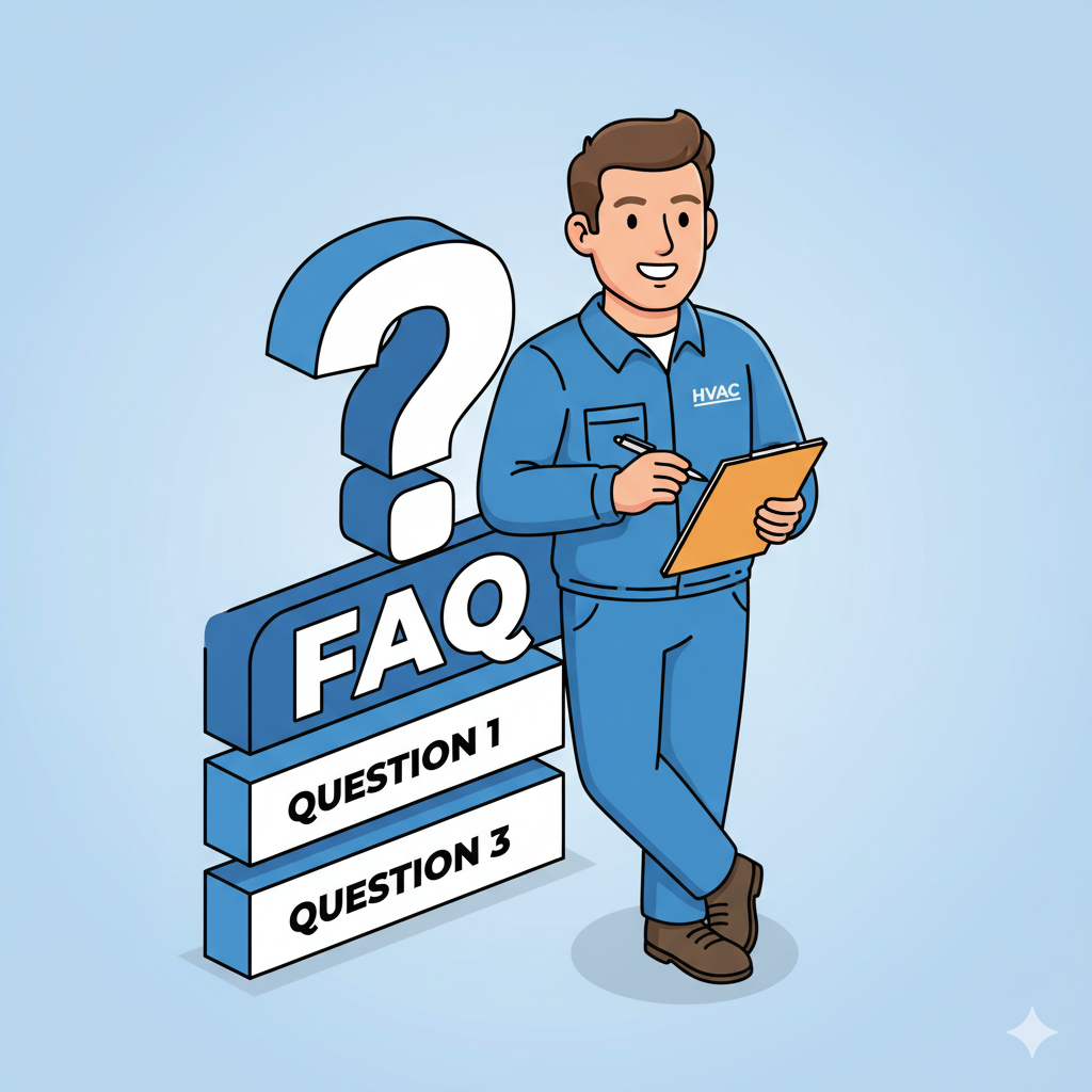Cartoon image of a friendly HVAC contractor in a blue uniform, holding a clipboard, leaning against a large blue-and-white "FAQ" section with a question mark.