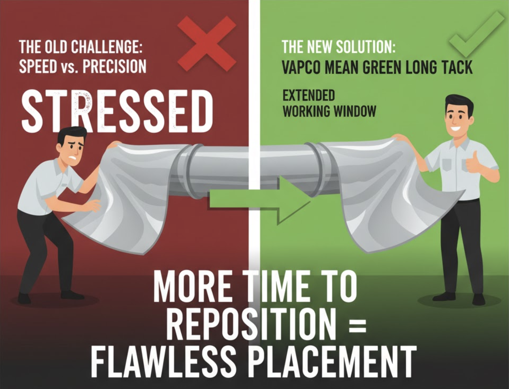 Infographic showing Mean Green Long Tack HVAC adhesive, offering 4-8 minutes of repositioning time for flawless insulation placement, contrasting a stressed installer with a confident, smiling one.