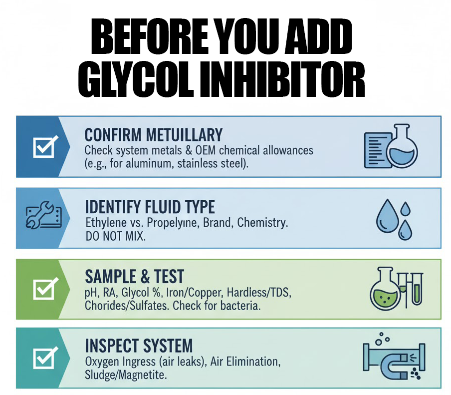 Checklist graphic titled 'Before You Add Glycol Inhibitor'. Steps include: Confirm metallurgy, identify fluid chemistry, sample and test $\text{pH}$ and $\text{RA}$, and inspect for air leaks and sludge.