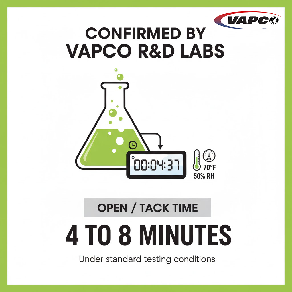 Vapco R&D lab-confirmed 4-8 minute open/tack time for Mean Green Long Tack, validating the extended HVAC adhesive repositioning time under standard testing conditions.