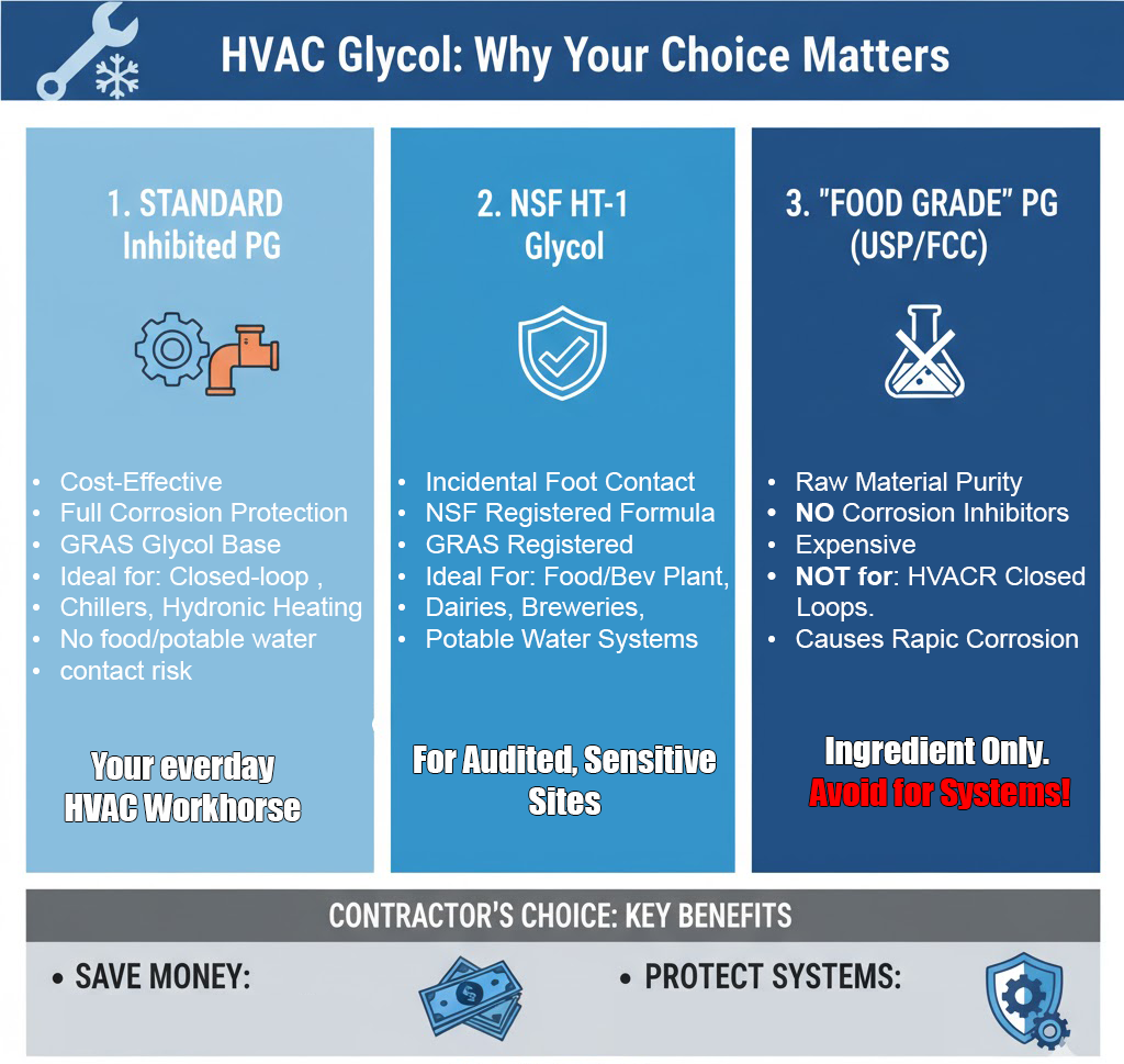 Comparison of Standard Inhibited Propylene Glycol, NSF HT-1 Glycol, and Food Grade (USP/FCC) for HVAC contractors.
