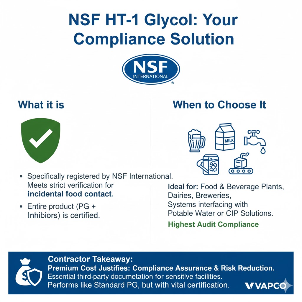 NSF HT-1 Glycol registration, compliance shield, and use in food plants, breweries, and potable water heat exchangers.